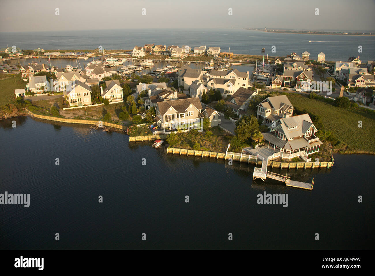 Aerial view of houses and ocean at Bald Head Island North Carolina