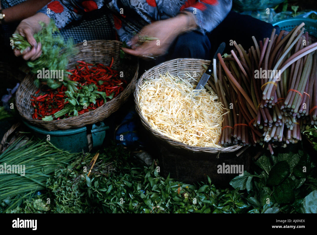 Food and vegetables for sale at a wet market in Phnom Penh, Cambodia. Stock Photo