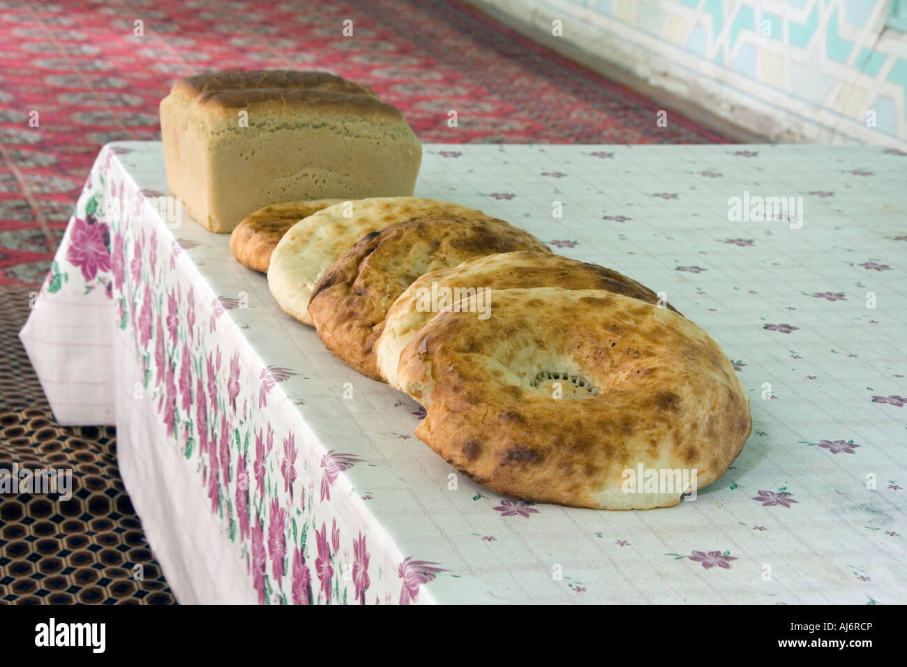 Home made bread on table, Tashkent, Uzbekistan Stock Photo