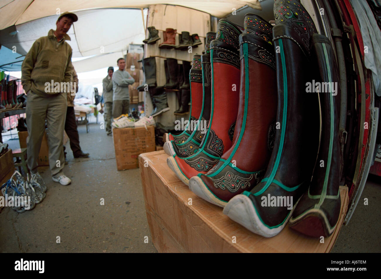 Mongolian national boots gutuls. Khovd city public market. Mongolia Stock Photo