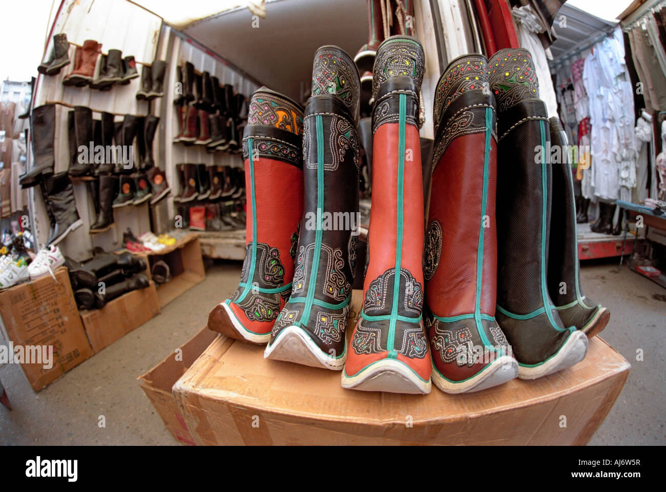 Mongolian national boots gutuls. Khovd city public market. Mongolia Stock Photo