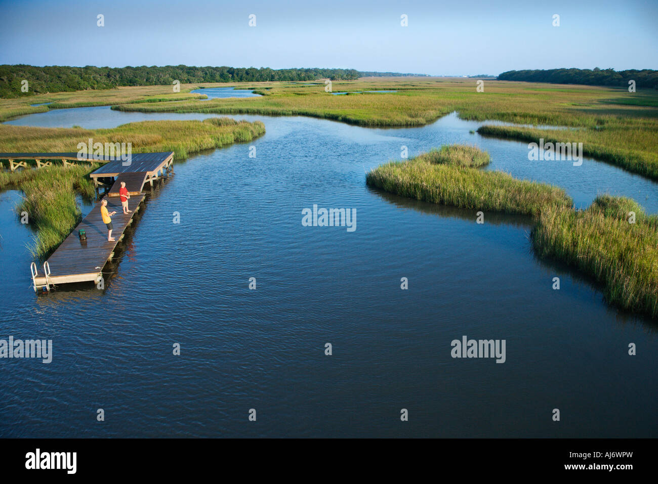 Aerial view of two teenage boys fishing from dock in marshy lowlands of