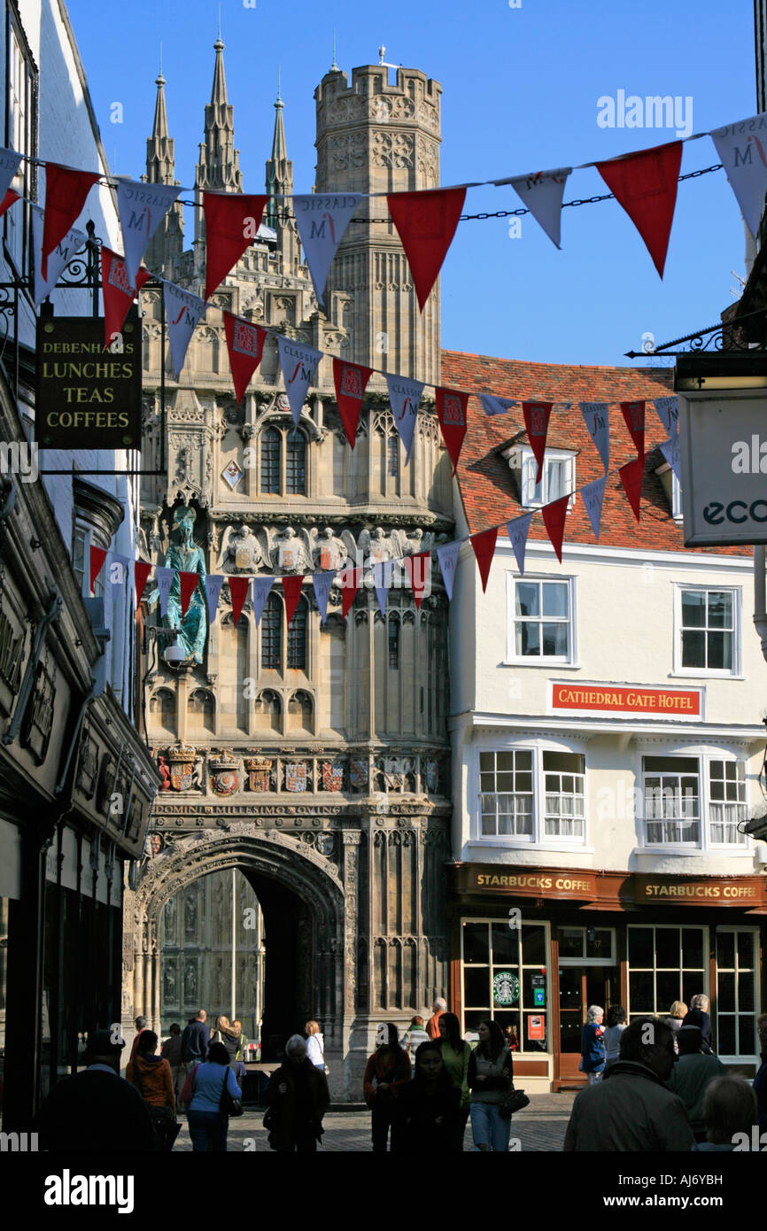 canterbury high street cathedral entrance narrow lanes with shoppers town centre kent england uk gb Stock Photo