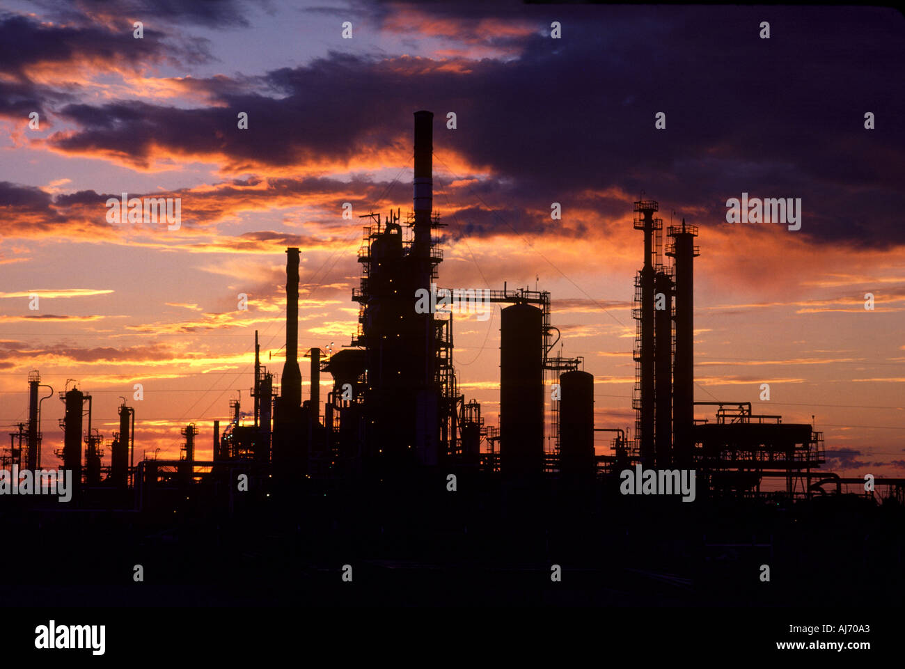 Petrochemical plant processing towers silhouetted at sunset Stock Photo ...