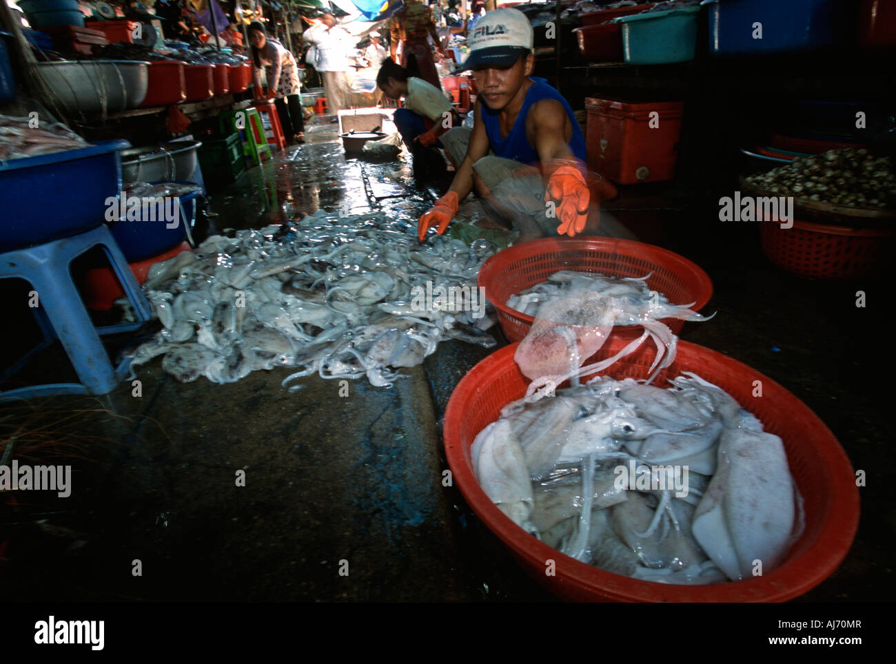Squid and seafood for sale at a wet market in Phnom Penh, Cambodia. Stock Photo