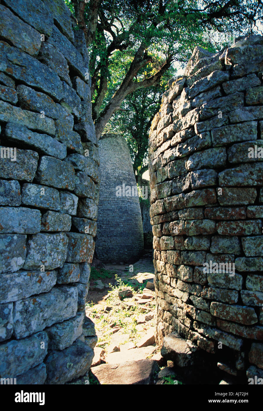 Inside Great Enclosure with Conical Tower in background Great Zimbabwe Ruins Zimbabwe Stock Photo