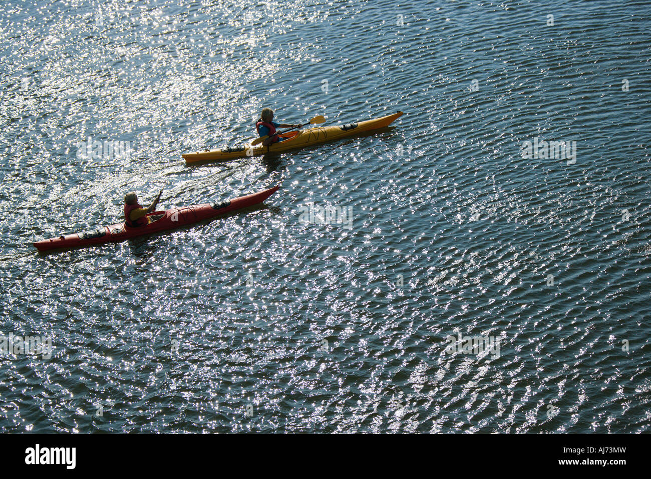 Aerial of two teenage boys kayaking on Bald Head Island North Carolina