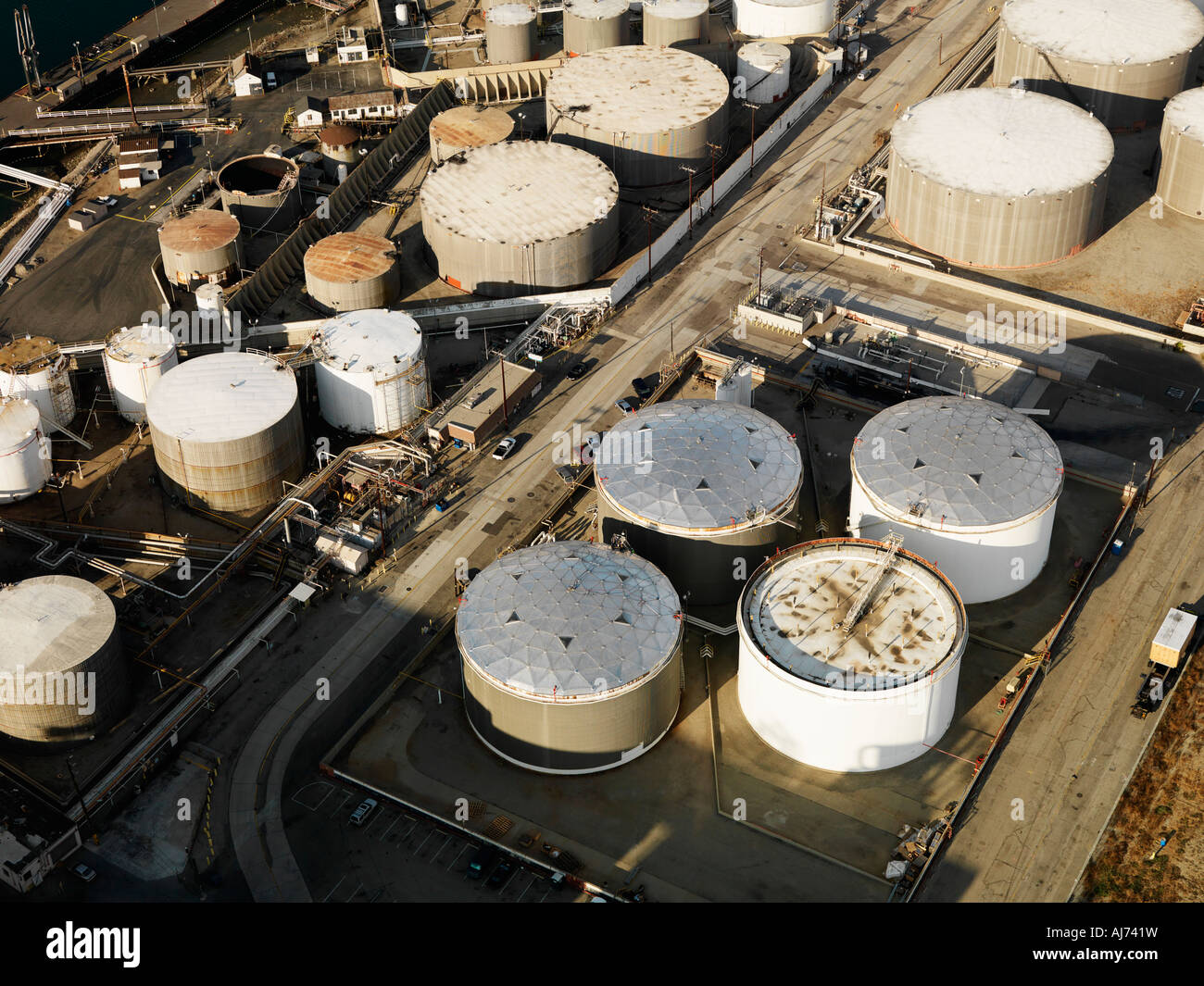 Aerial view of liquid storage tanks in Los Angeles California oil