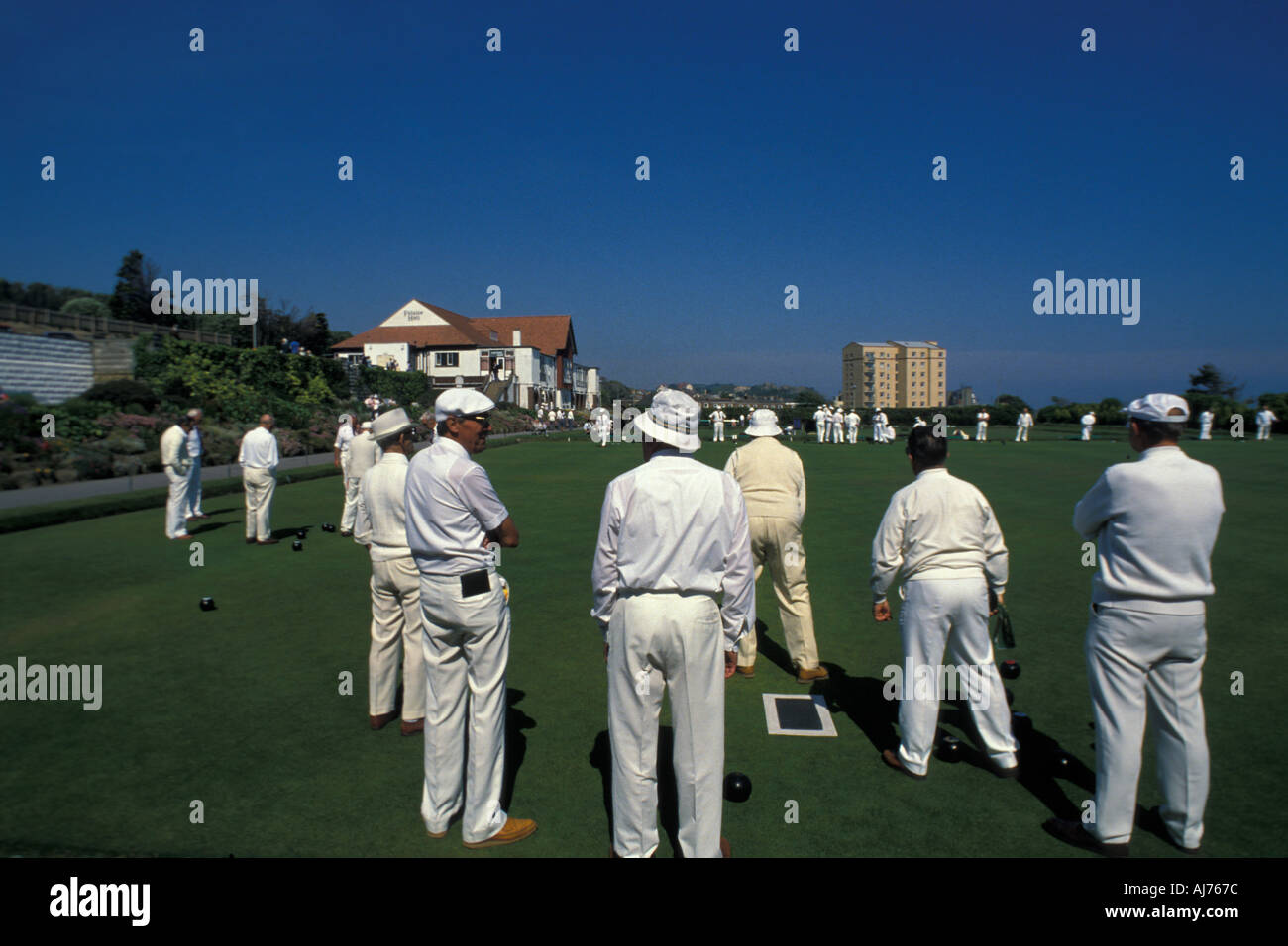 Players at the White Rock Gardens bowls club, Hastings, East Sussex, England, Great Britain, UK Stock Photo