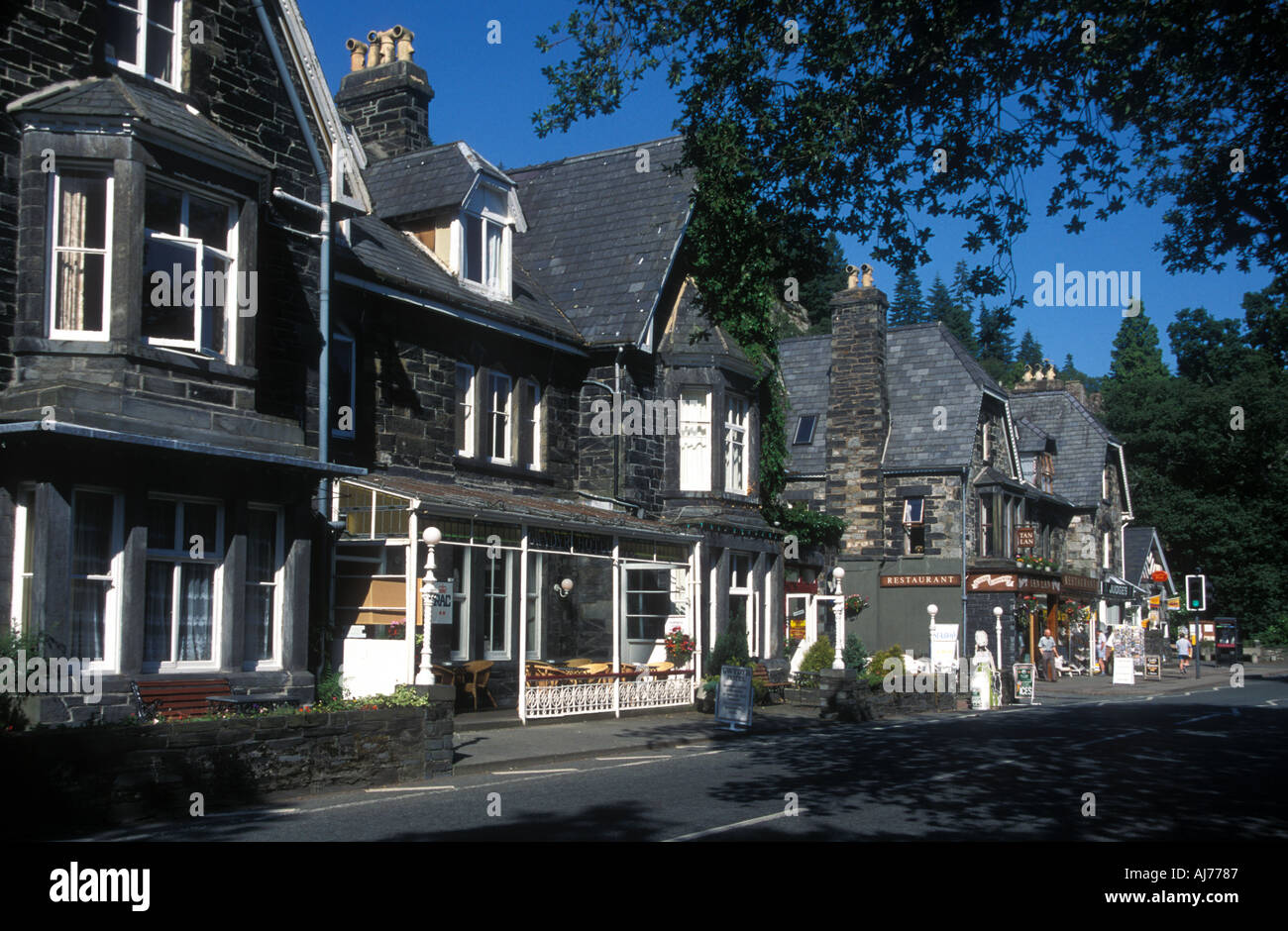 Hotels and shops BetwsyCoed Gwynedd North Wales Stock Photo Alamy