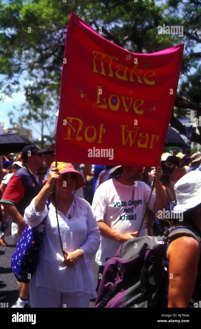 Make love not war protest poster banner Brisbane Queensland Australia Iraq invasion 2003 2406 Stock Photo