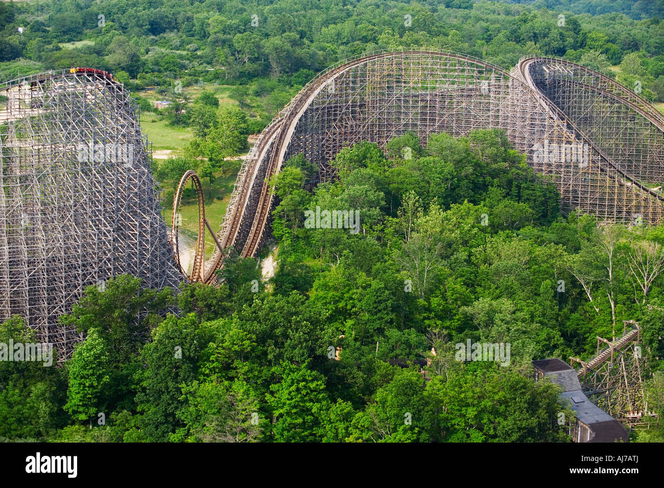 The thrilling wooden roller coaster Son of Beast as seen from King s Island  s Eiffel Tower Cincinnati Ohio Stock Photo - Alamy