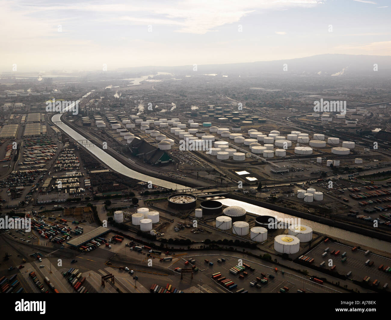 Aerial view of liquid storage tanks in Los Angeles California oil