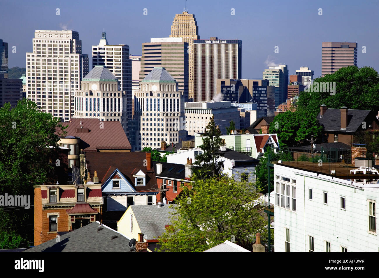 View of Cincinnati skyline from Mt Adams in Cincinnati Ohio Stock Photo
