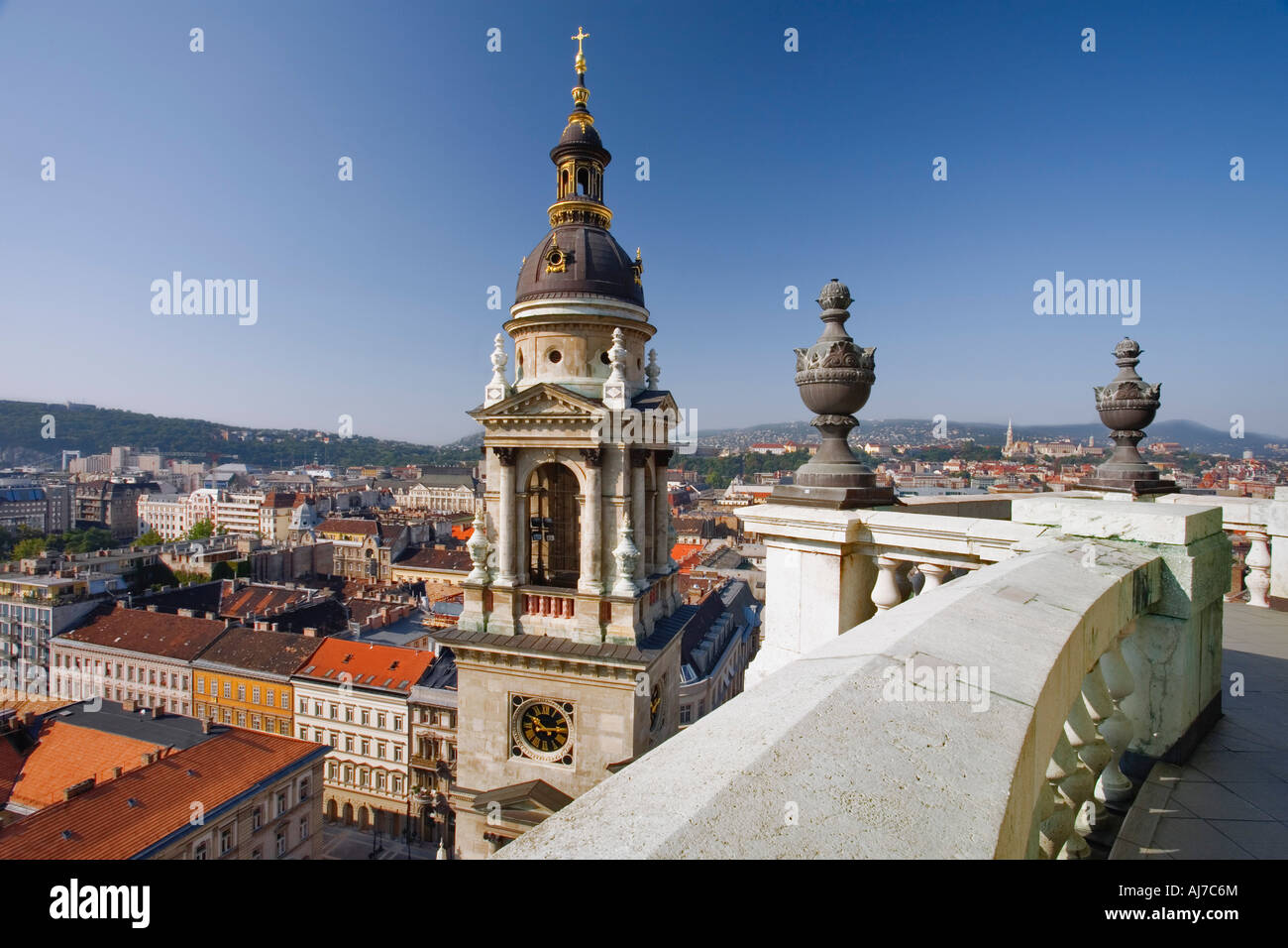 One of the two clock towers of St Stephen's Basilica overlooking the