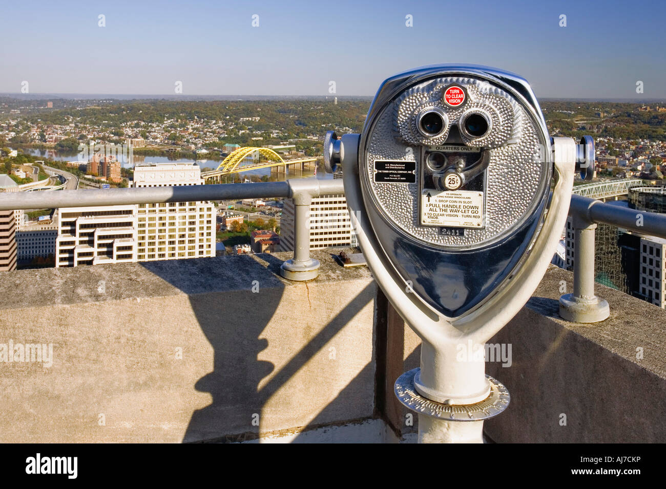 A set of coin operated Long Range Binoculars sit on the observation