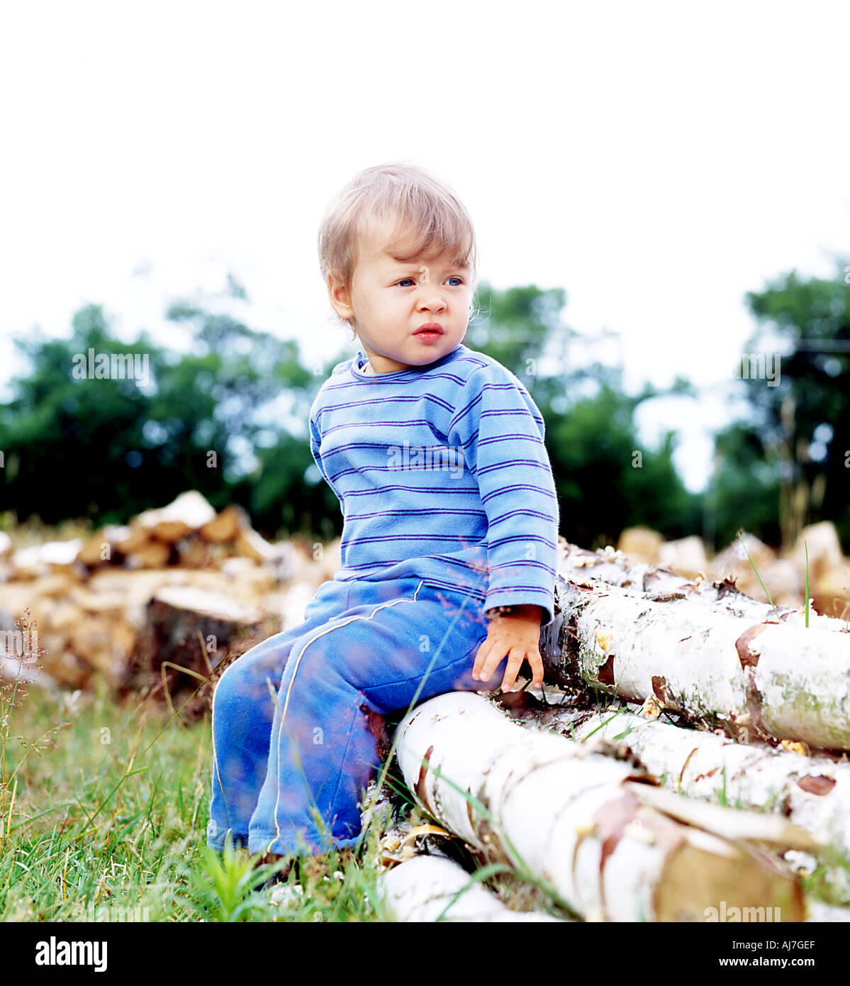 park meadow tree trees spring summer day child girl 0 5 blonde forelock ...