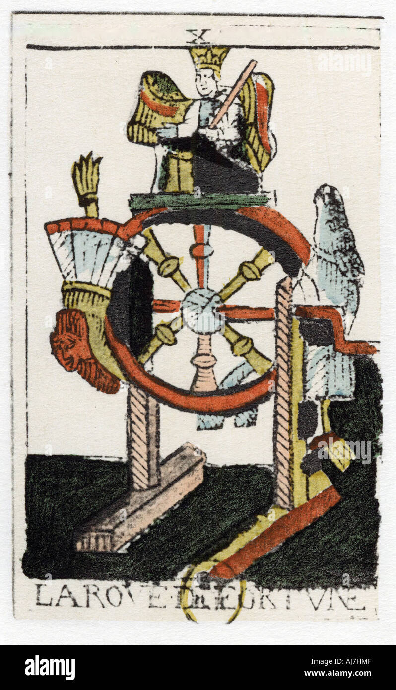 Tarot card of The Wheel of Fortune, Noblet Tarot, 17th century. Artist: Unknown Stock Photo
