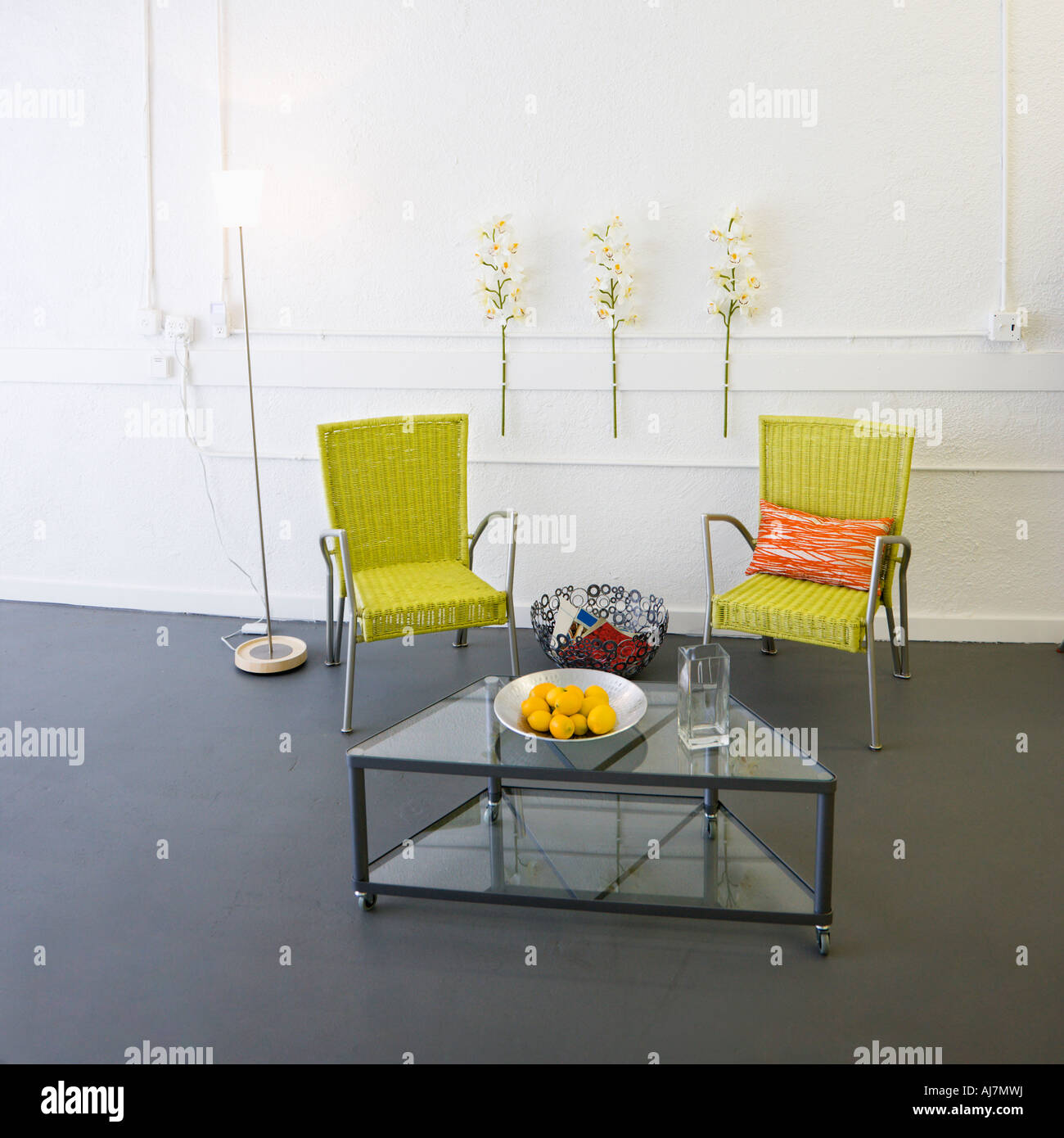 Contemporary arm chairs and coffee table inside room Stock Photo Alamy