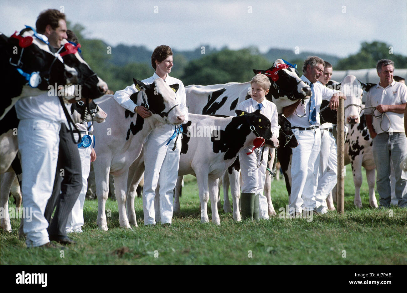 Smartly dressed young male farmer with other male and female farmers with a line up of prize winning cattle at the Frome Cheese and Agriculture Show Stock Photo