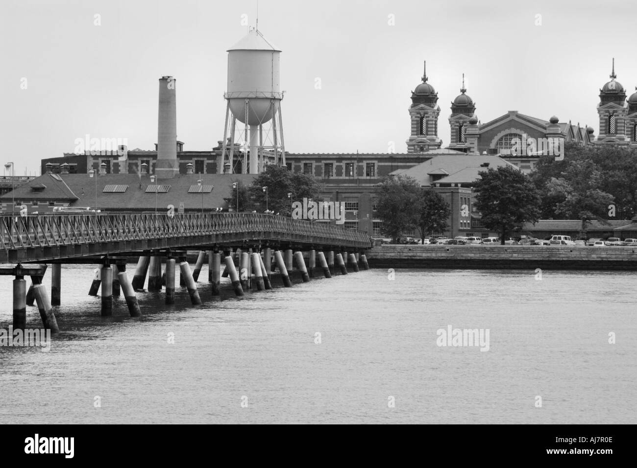 Ellis island and bridge connecting it to Liberty State Park in New Jersey Black and White Stock Photo