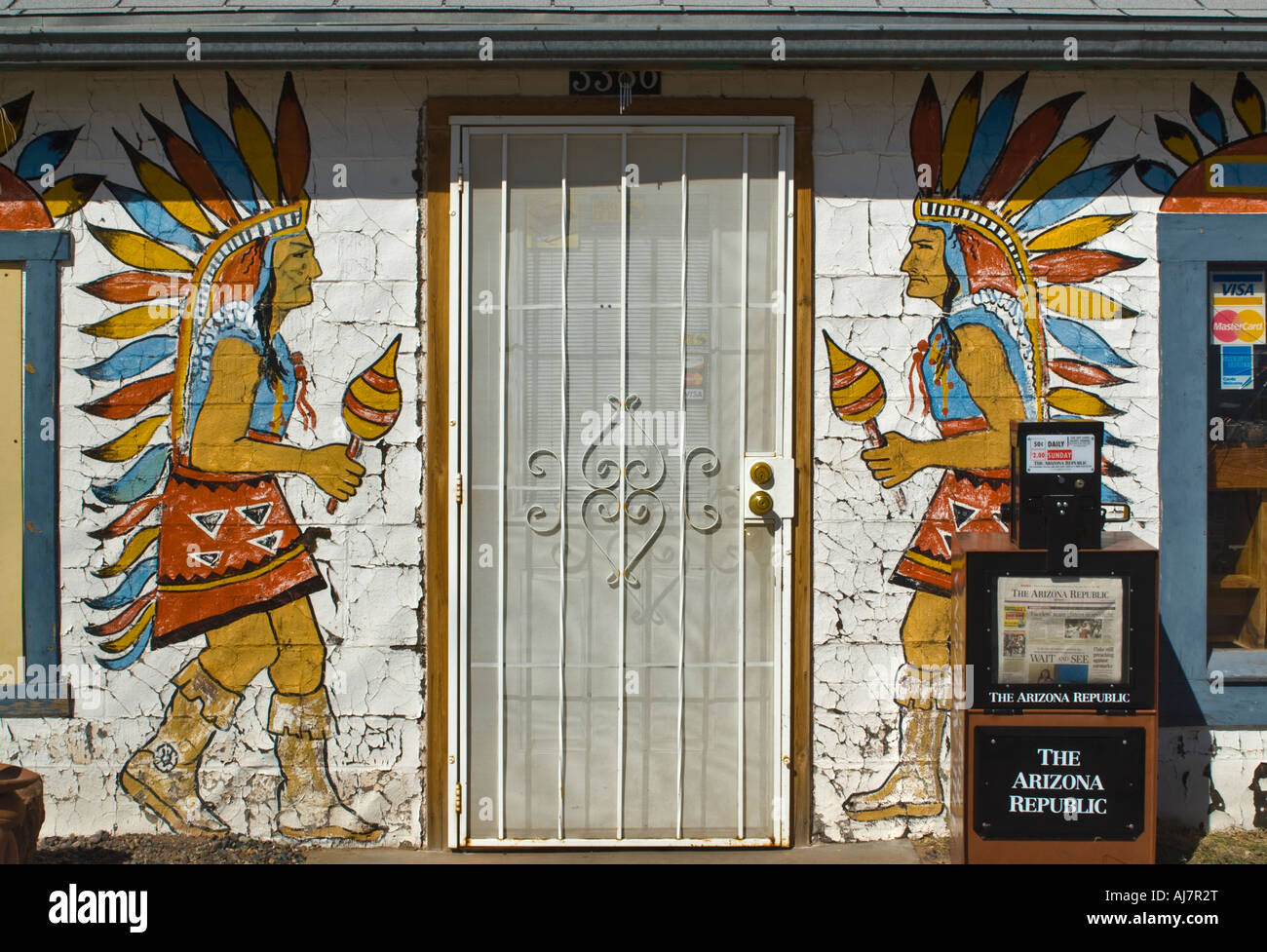 Indian dancers mural at Jackrabbit Trading Post curio shop on Route 66