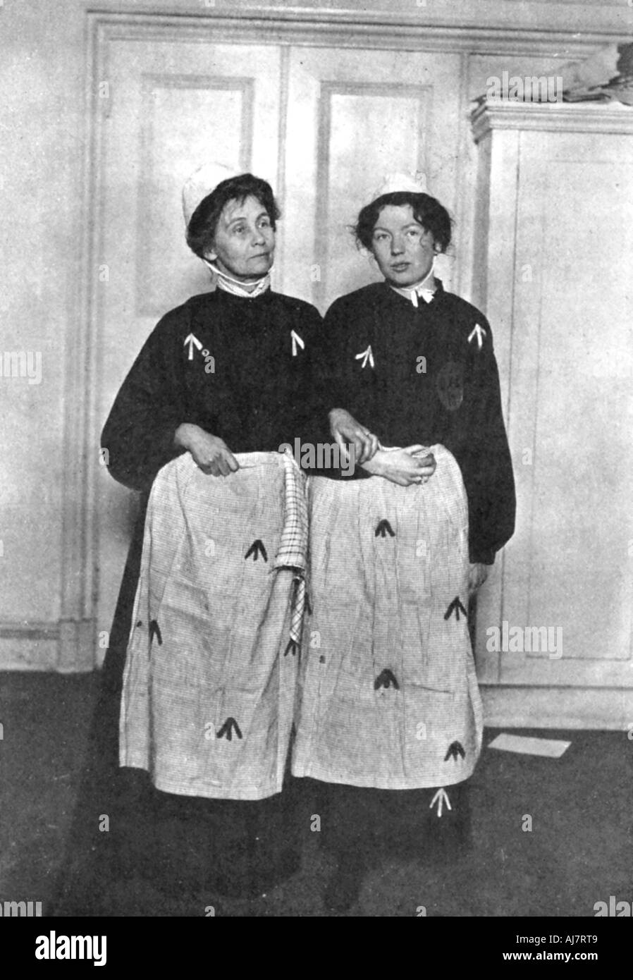 Emmeline and Christabel Pankhurst, English suffragettes, in prison dress, 1908. Artist: Unknown Stock Photo