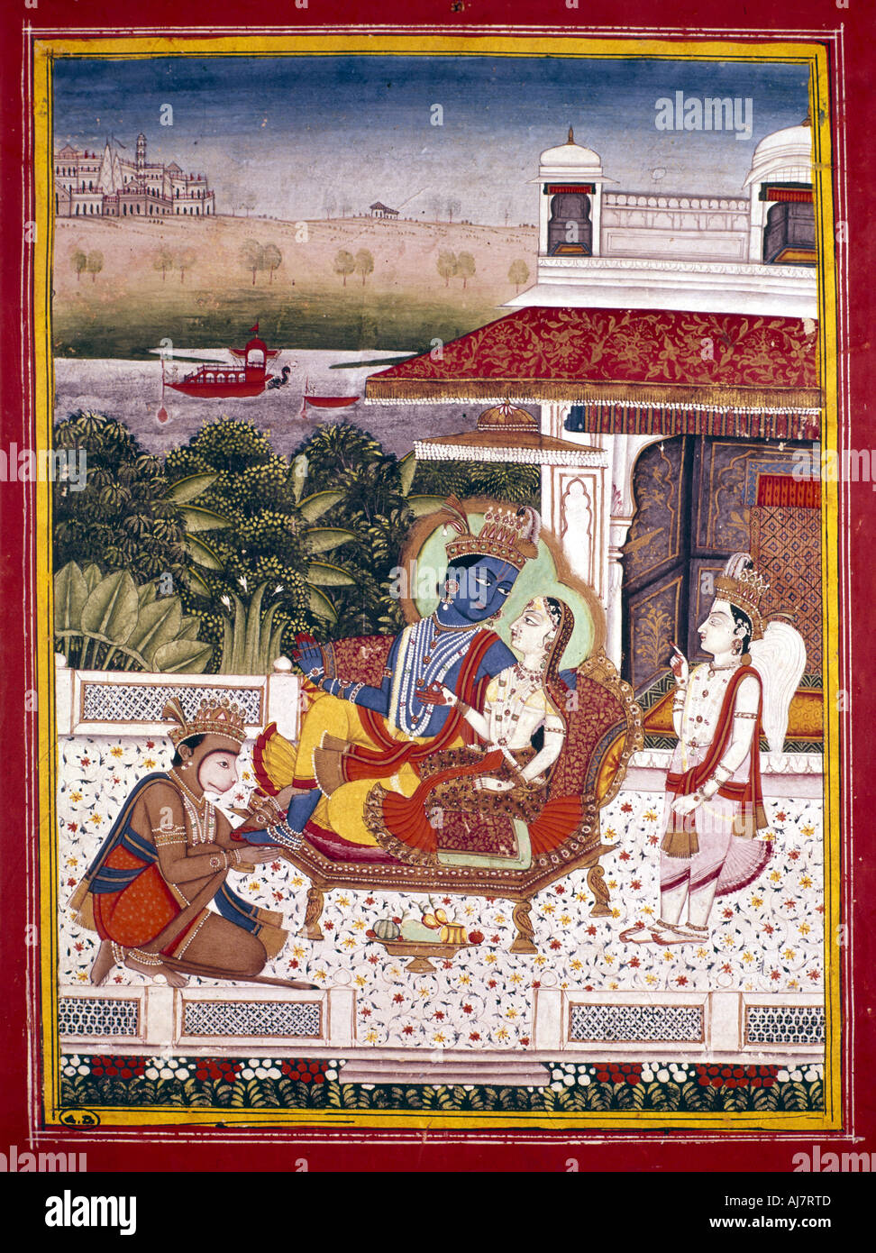 Indian miniature showing Krishna and a princess on a couch, 18th century. Artist: Unknown Stock Photo