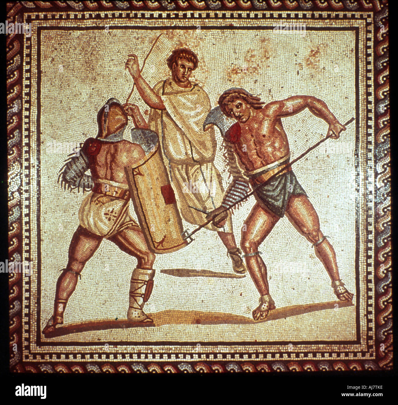 Gladiators in the arena, Roman mosaic, Saarbrucken, Germany. Artist: Unknown Stock Photo