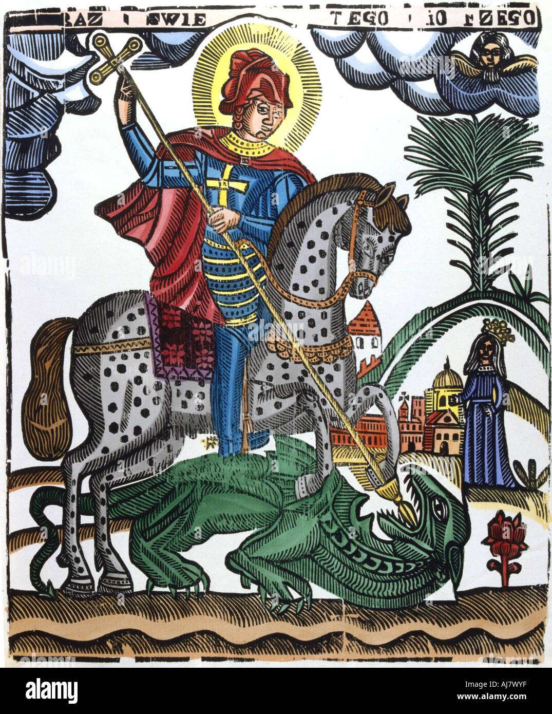 St George, mounted on a spotted horse, killing the dragon, 19th century. Artist: Anon Stock Photo