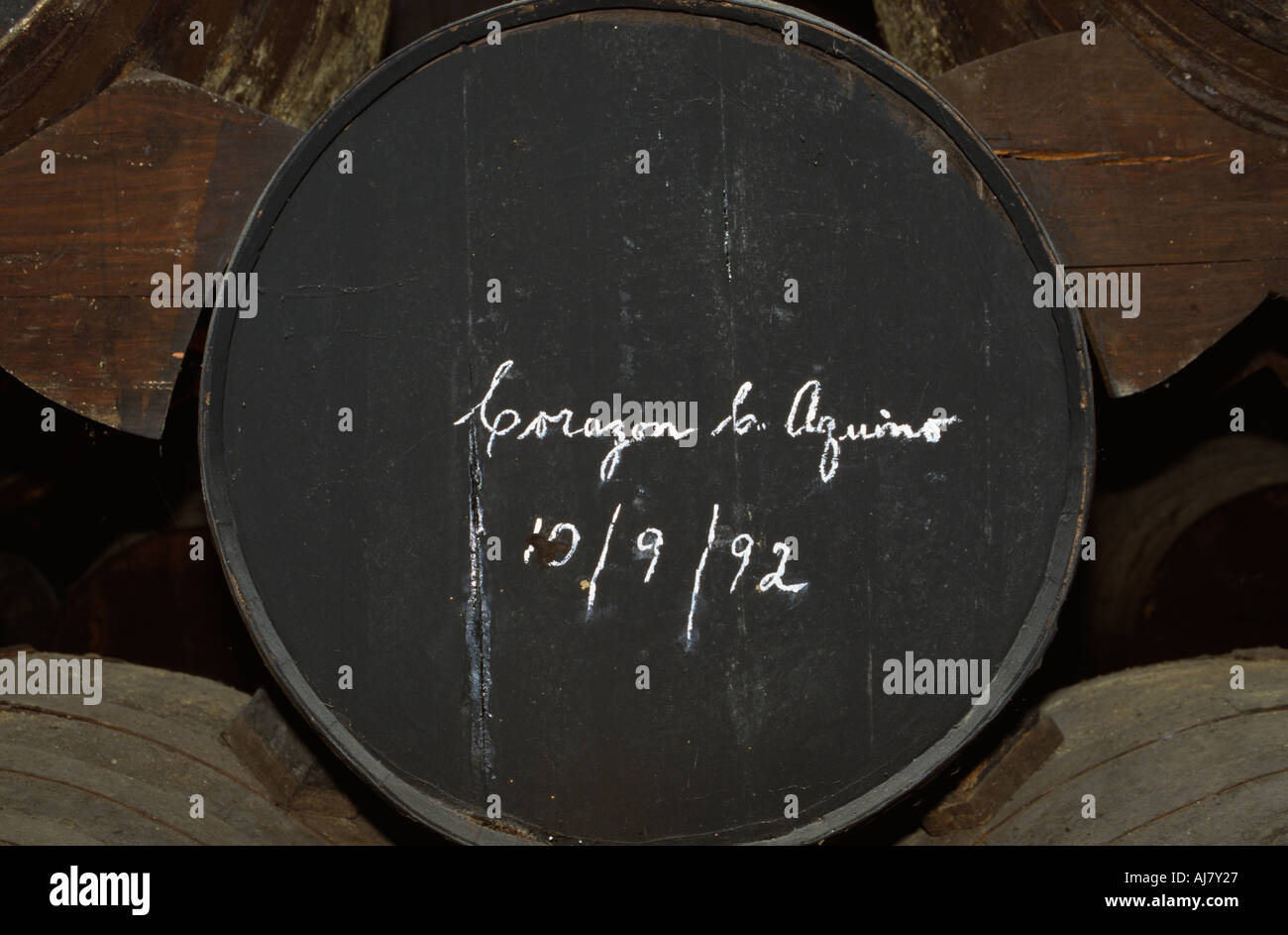 Barrel signed by Corazon Aquino in 1992, in the Gonzalez Byass bodega, Jerez de la Frontera, Andalucia, Spain Stock Photo