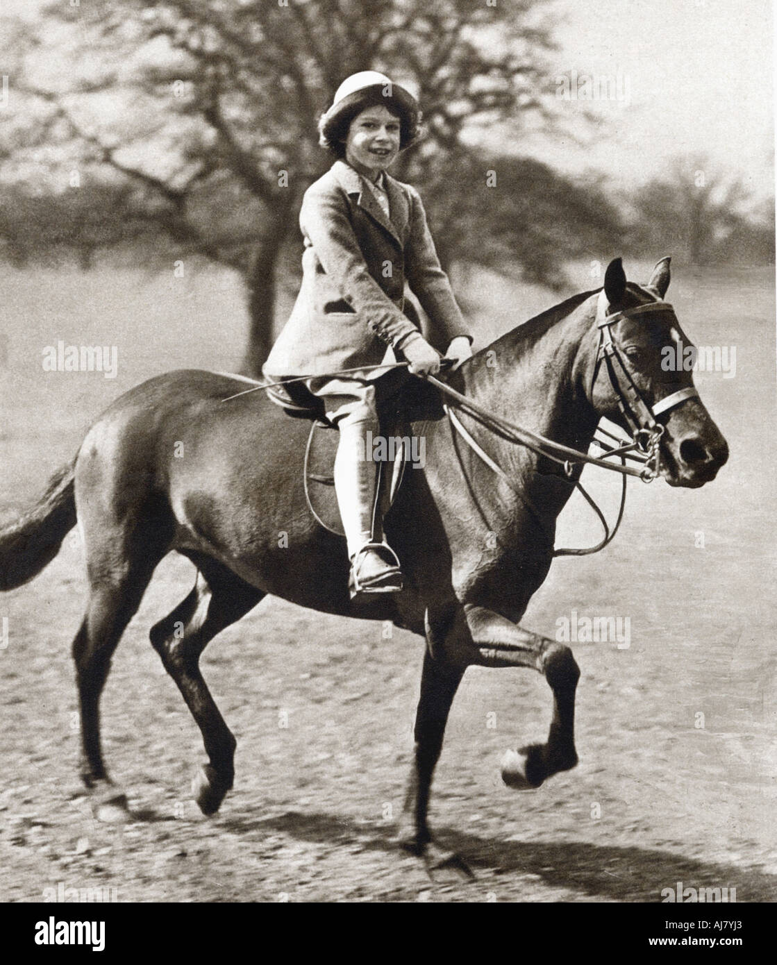 Princess Elizabeth riding her pony in Winsor Great Park, 1930s. Artist: Unknown Stock Photo