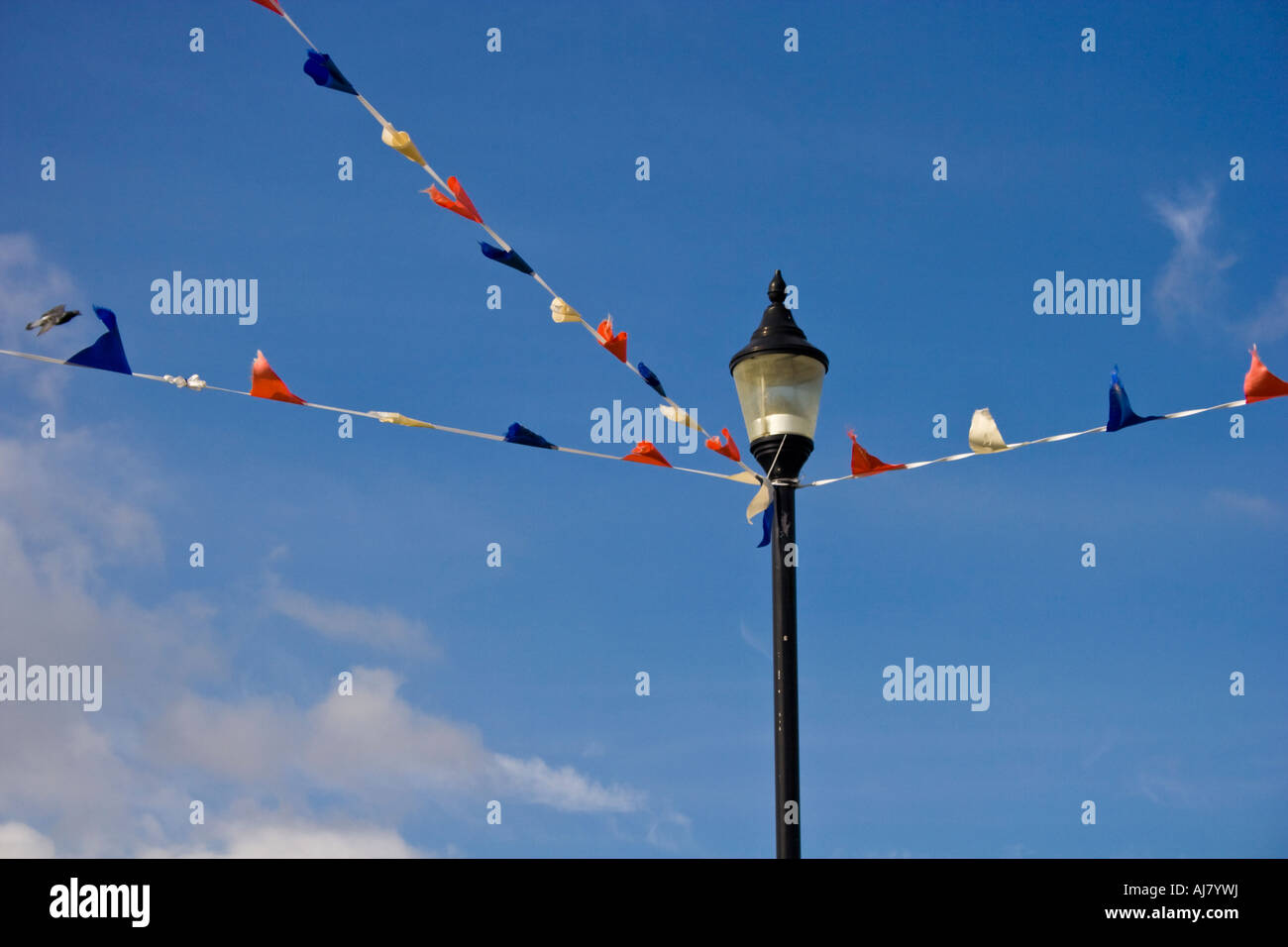 Flags blowing in the wind strung between lamp posts on The Price Of