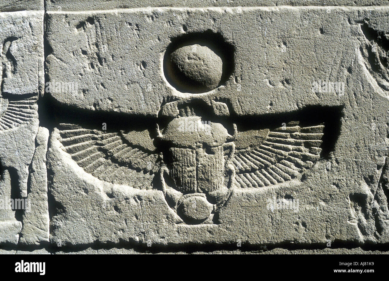 Limestone relief of a scarab beetle and vulture wings under a disk of the sun, Edfu, Egypt. Artist: Unknown Stock Photo
