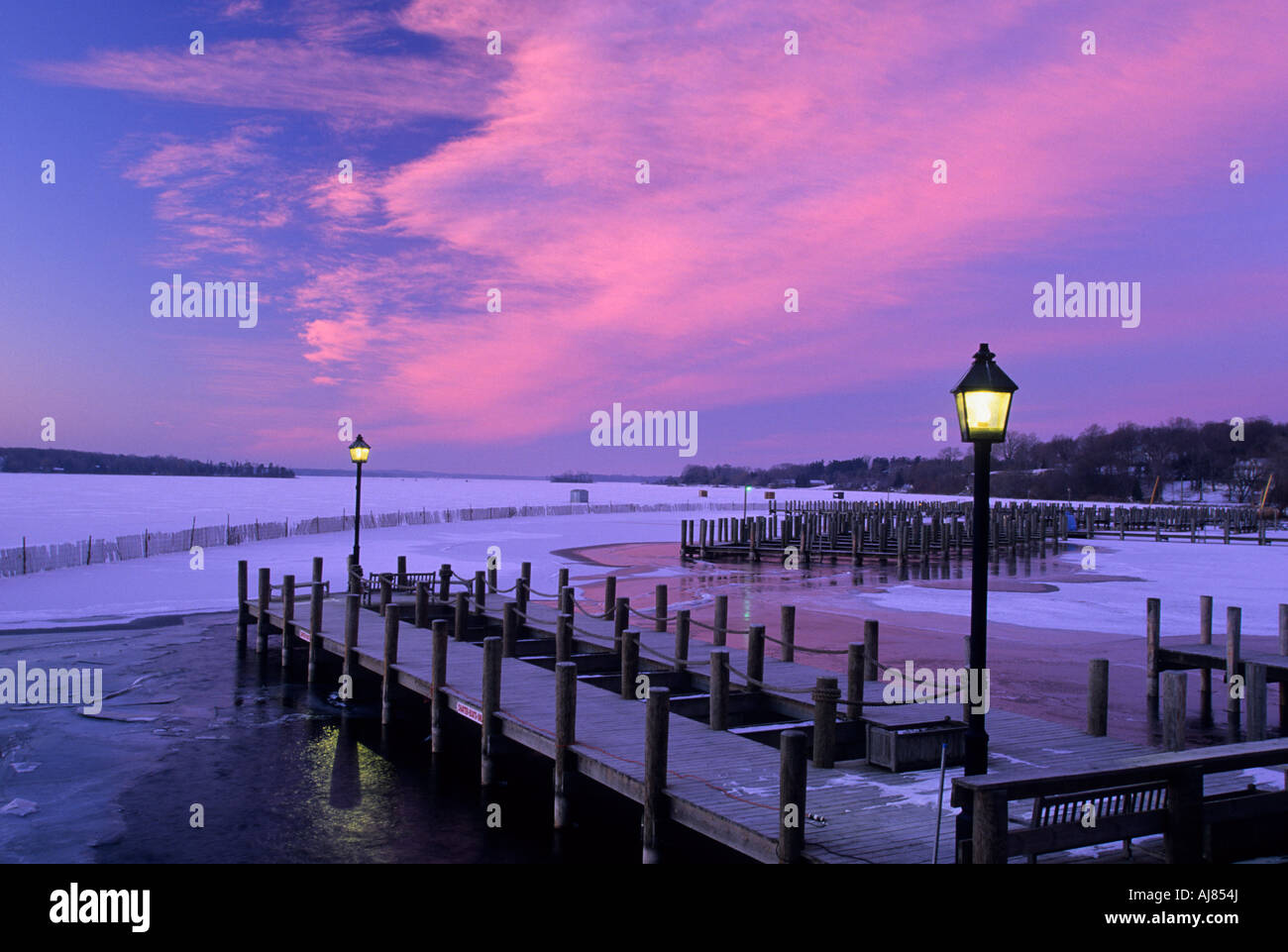 CITY OF WAYZATA, MINNESOTA DOCKS ON LAKE WINTER SUNSET