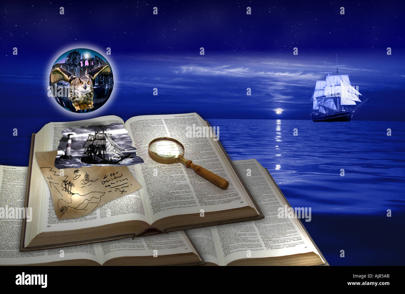 Concept ,Children's, Ghost,Adventure, Story, montage,book,Treasure island, Harry Potter,map,moon,rise,book, Stock Photo