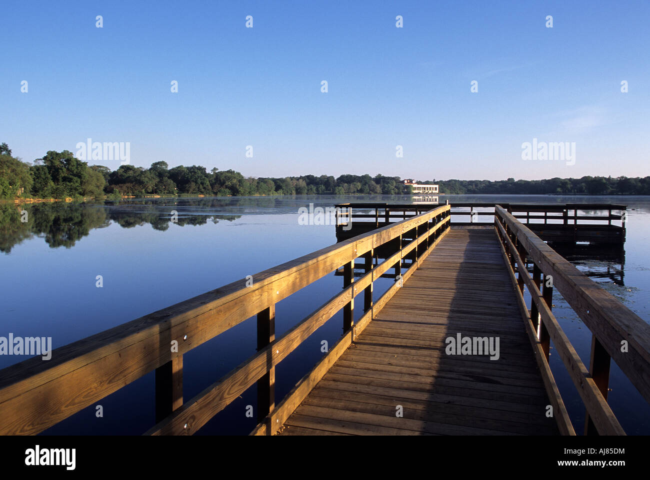 VIEWING DOCK ON COMO LAKE, COMO PARK IN ST. PAUL, MINNESOTA.  PAVILION IN BACKGROUND.  SUMMER DAY. Stock Photo
