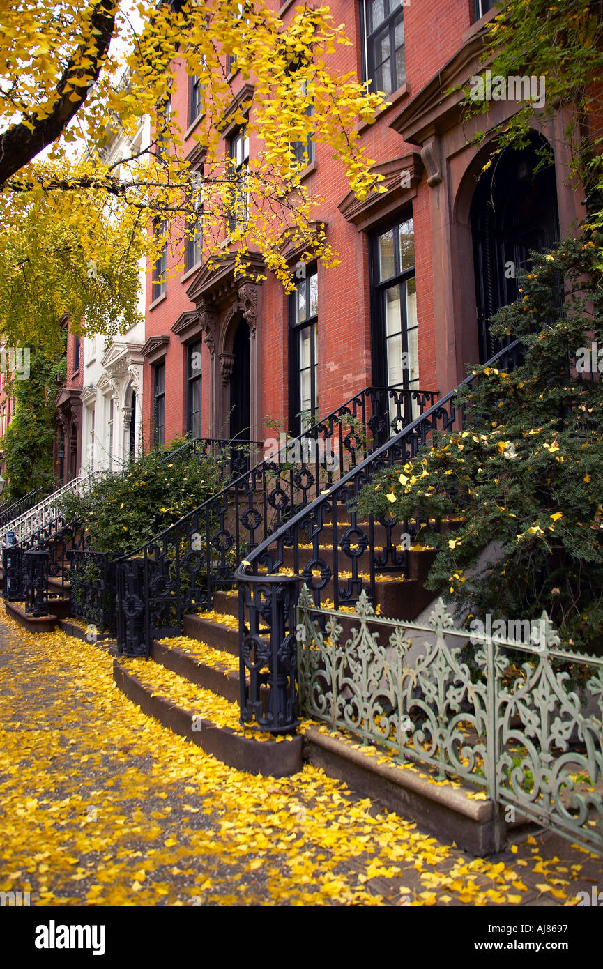 Brownstone residence buildings on Leroy Street near Hudson St location of American TV series The Cosby Show featuring comedian Stock Photo