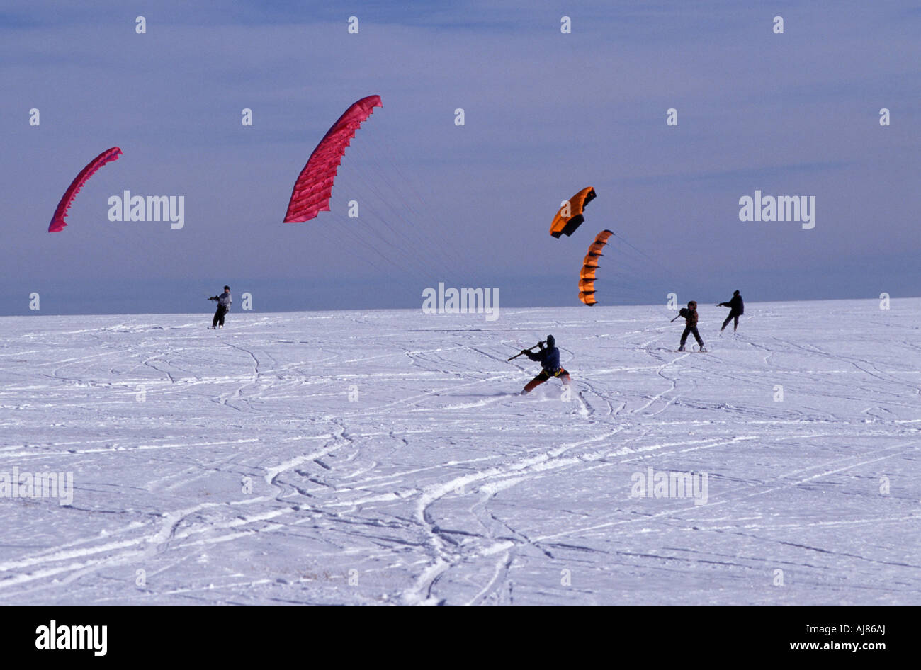 People kite skiing Heidhoefe Boehmenkirch Swabian Alb s Baden Wuerttemberg Germany Stock Photo