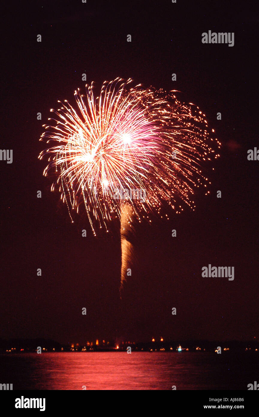 Fireworks over water at St Clair Michigan on July 4 Independence day