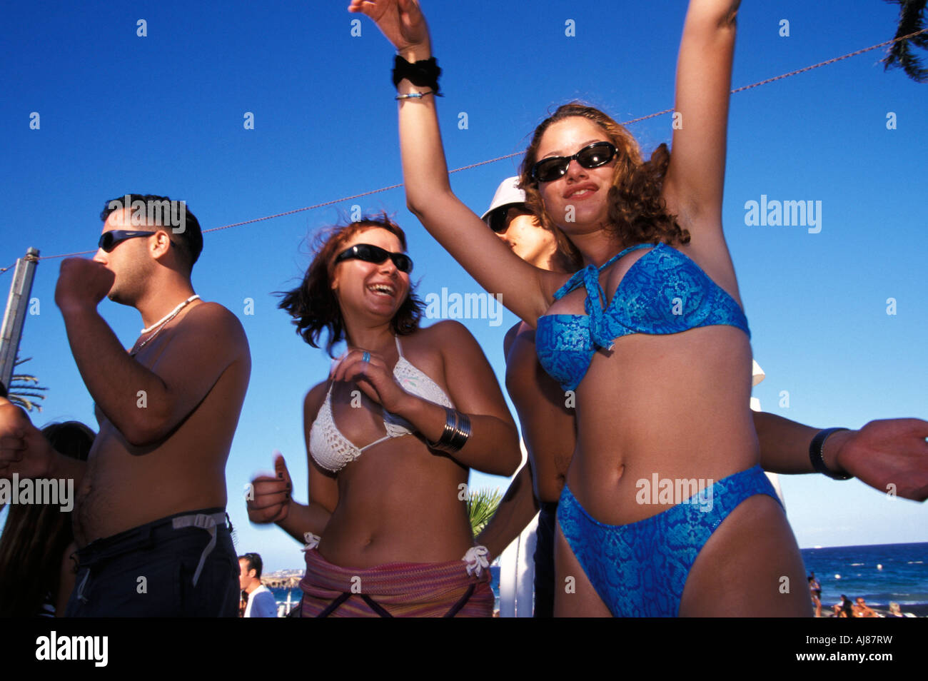 Woman dancing Bora Bora Beach Disco Platja d en Bossa Ibiza City Ibiza  Balearic Island Spain Stock Photo - Alamy