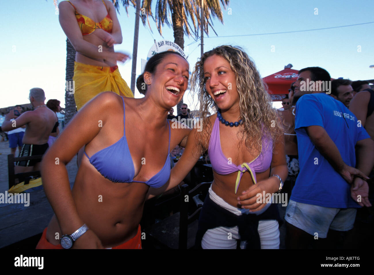 Portrait of two young women Bora Bora Beach Disco Platja d en Bossa Ibiza City Ibiza Balearic Island Spain Stock Photo