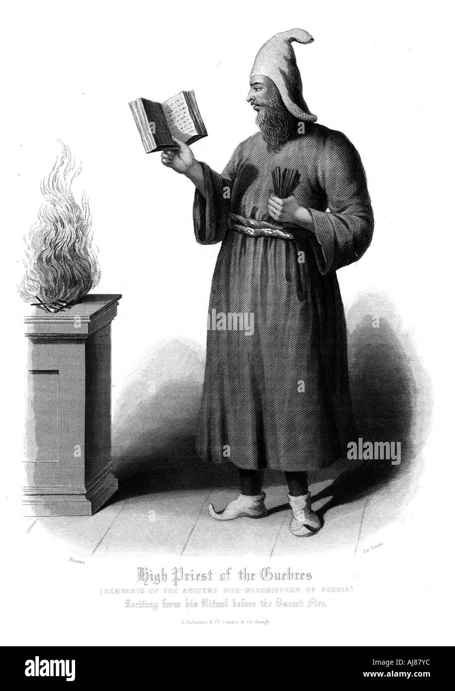 Zoroastrian High Priest reciting before the sacred fire, 19th century. Artist: Unknown Stock Photo