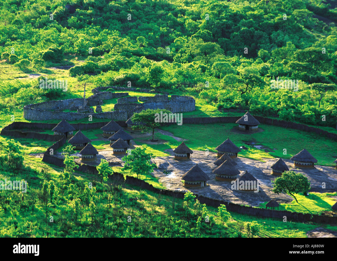 Shona villageof traditional huts in valley of Great Zimbabwe Ruins