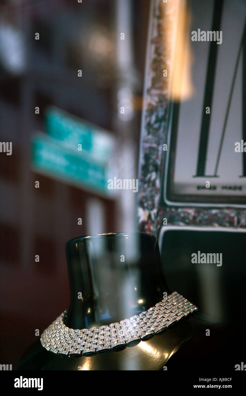 Diamond necklace in window of Cartier Jewelery Store on Fifth Avenue in Midtown Manhattan New York NY Stock Photo