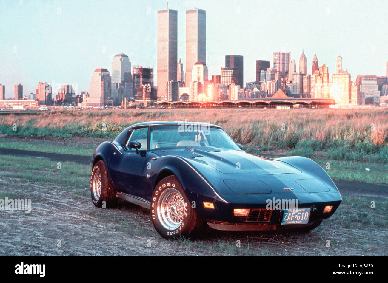 NEW YORK, NY, Chevrolet Corvette old car with Manhattan Skyline in