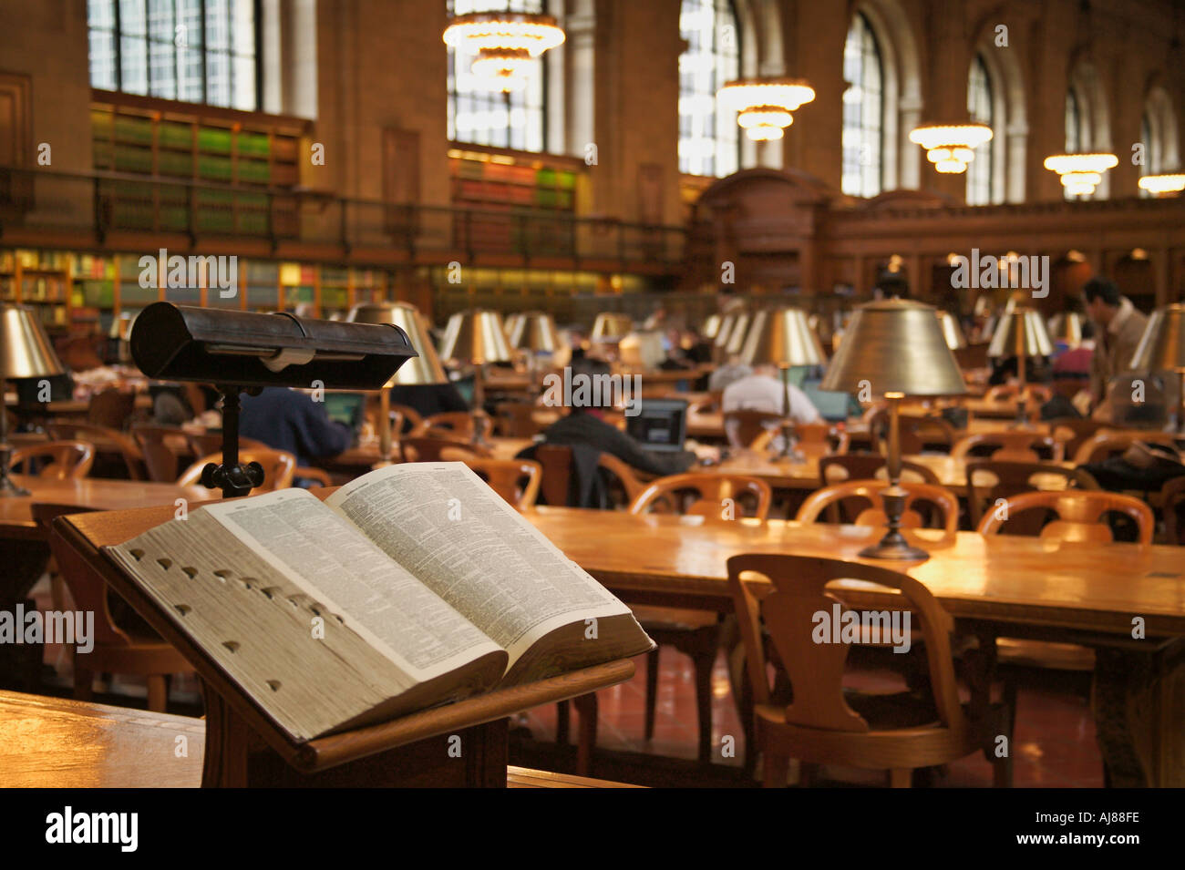 Dictionary on pedestal with people reading and studying at the New York ...