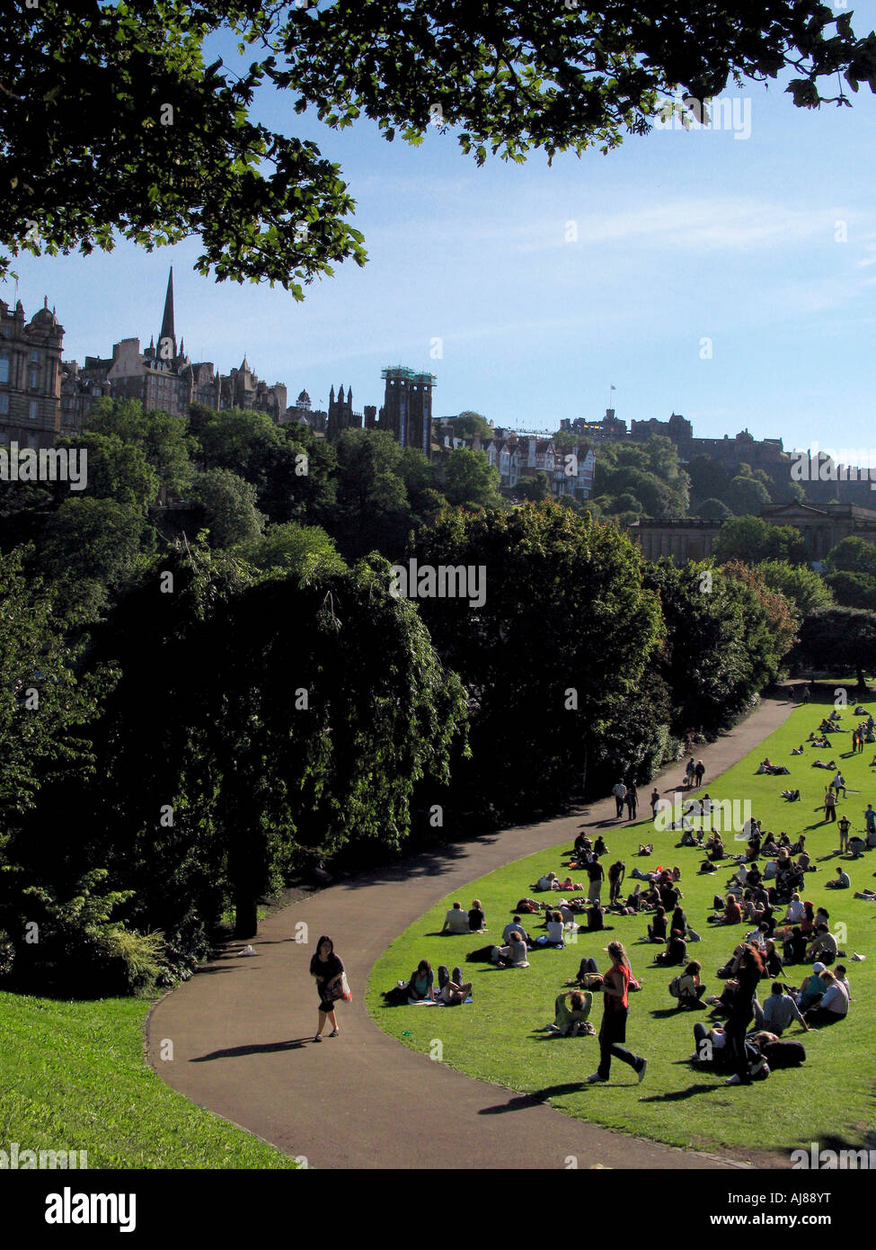 Edinburgh Park during the fringe festival on a bright sunny day Stock Photo