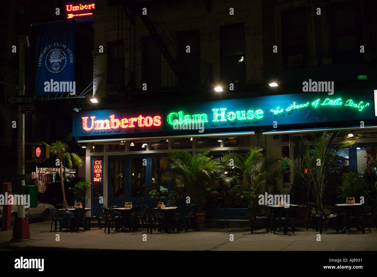 Umbertos Clam House restaurant at night in Little Italy New York NY Stock Photo