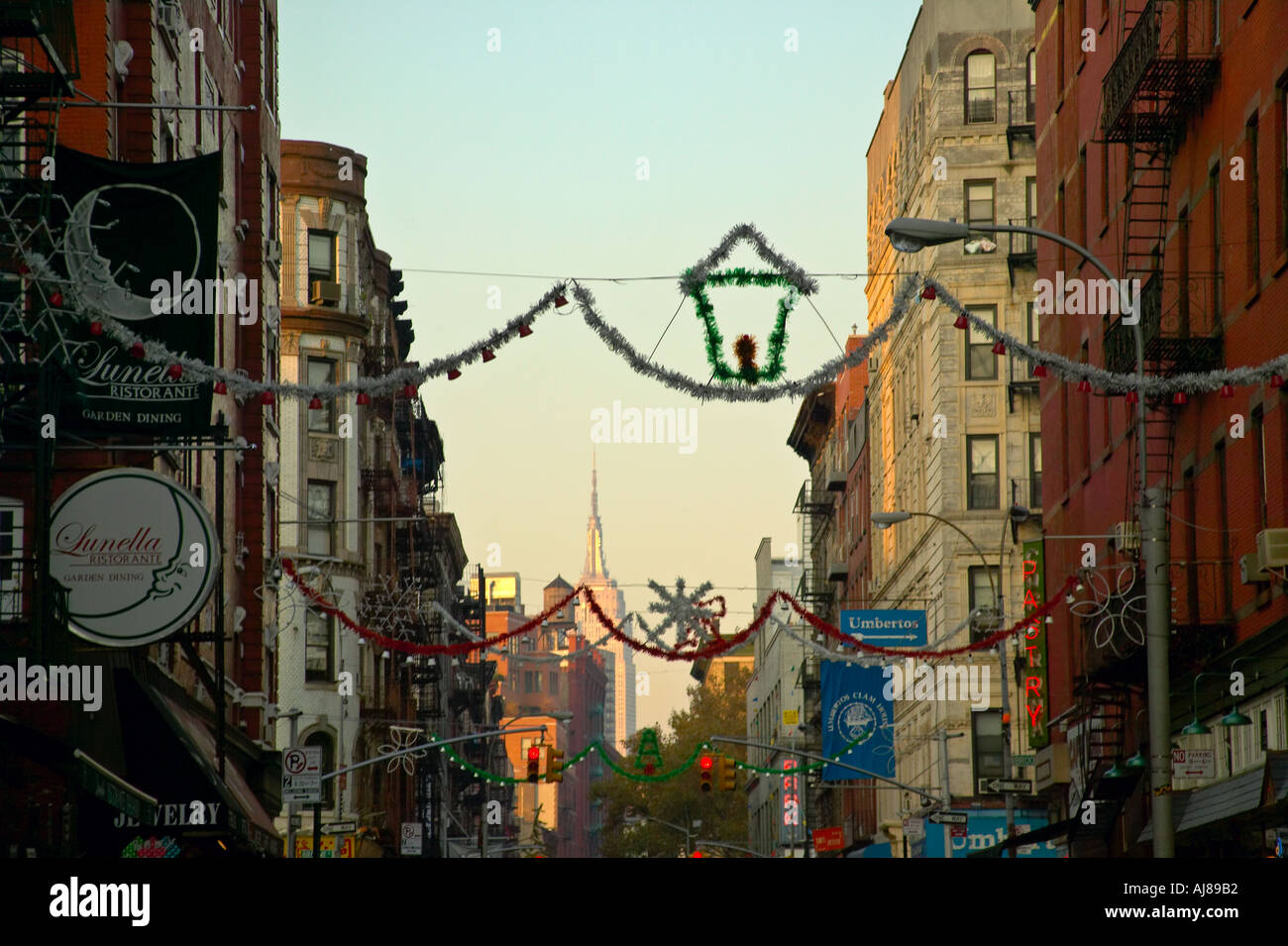 Christmas Decorations Over Mulberry Street In Little Italy With